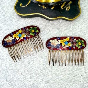 2 flawless ‘70’s cloisonné hair combs, multi-colored Asian flowers, copper back
